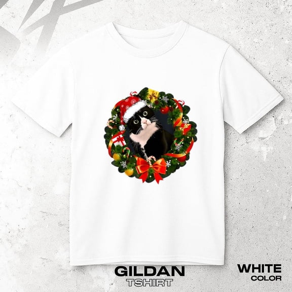 Funny Tuxedo Cat Christmas T-shirt with Wreath Ornament Holiday Graphic, up to size 5XL.