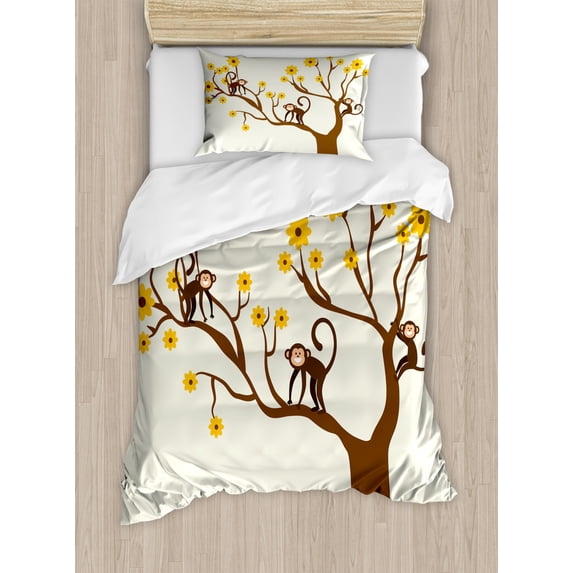Funny Twin Size Duvet Cover Set, Cute Monkey Animations Fun Chimpanzees Climbing on Daisy Trees Animal Life Figure, Decorative 2 Piece Bedding Set with 1 Pillow Sham, Brown Yellow, by Ambesonne