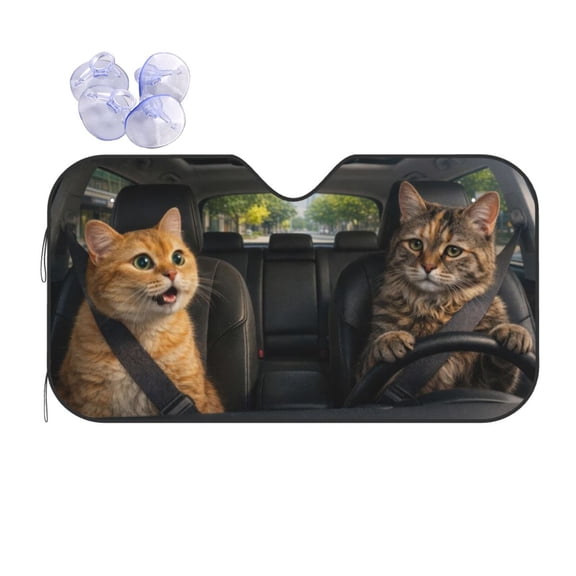 Funny Two Cats Driving Car Windshield Sunshade, Cute Orange & Tabby Kitty Foldable Front Window Sun Visor, UV Ray Heat Shield Protector