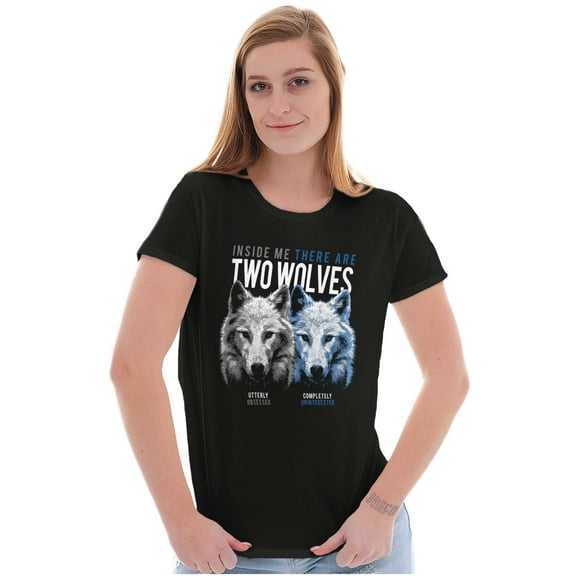 Funny Two Wolves Inside Me Joke Womens Slim Fit Graphic Tee Brisco Brands M