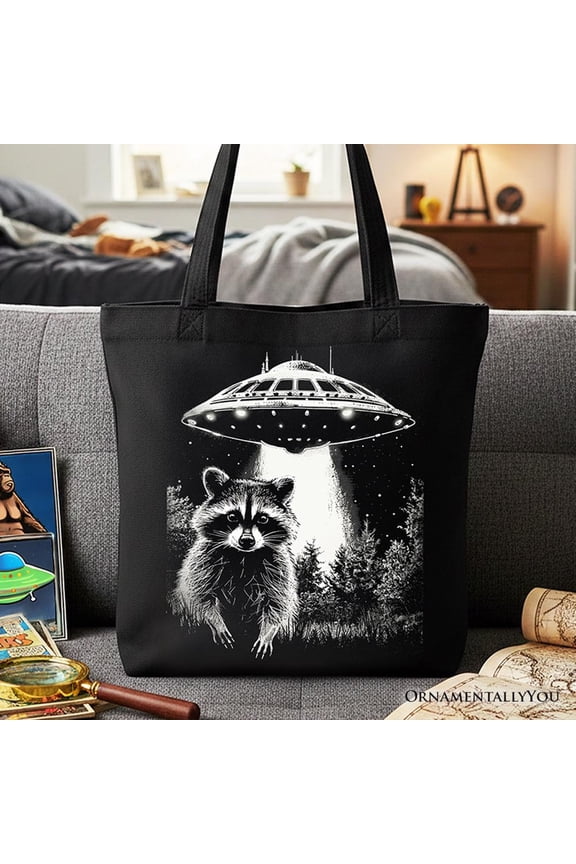 Funny UFO Raccoon Tote Bag, Gift Shopper for Alien Enthusiasts