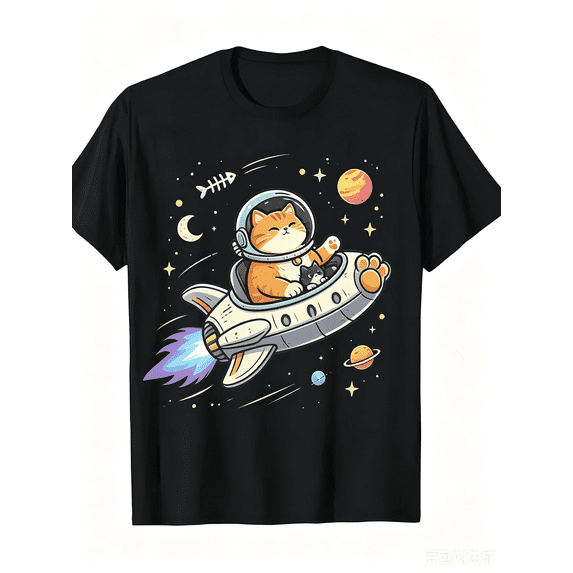 Funny UFO Space Cats Graphic T-Shirt, Cute Galaxy Astronaut Kitten Short Sleeve Tee, Casual Crew Neck Pet Cat Lover Daily Wear Top, Novelty Cartoon Planet Print Basic Shirt Gift for Men Women Summer