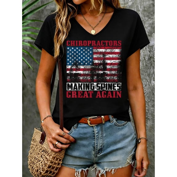 Funny USA Chiropractor Gift American Chiropractic Men Women V Neck T-Shirt Cotton Women's V Neck Graphic Tee, Casual Short Sleeve Shirt,Vacation Outfit