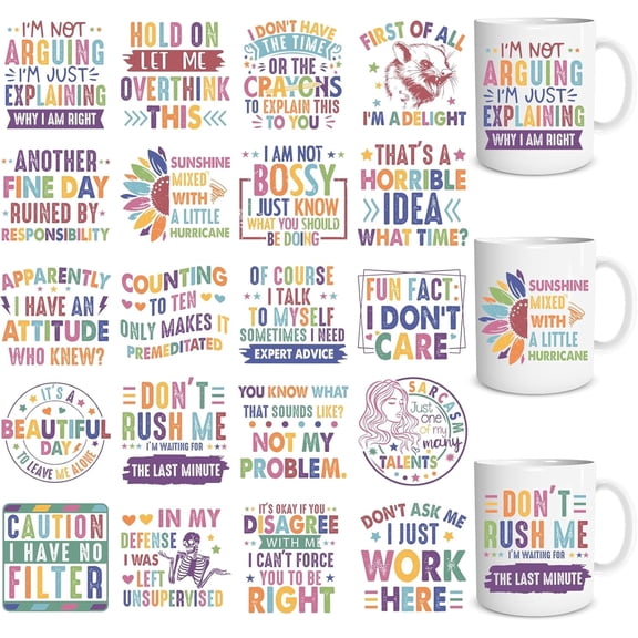 Funny UV DTF Stickers - 20 Sheets Colorful Sarcastic UV DTF Cup Wraps for 16 OZ Glass Mugs, Humorous Quotes UVDTF Stickers, Vintage Rub on Transfer Decals for Water Bottles Tumblers