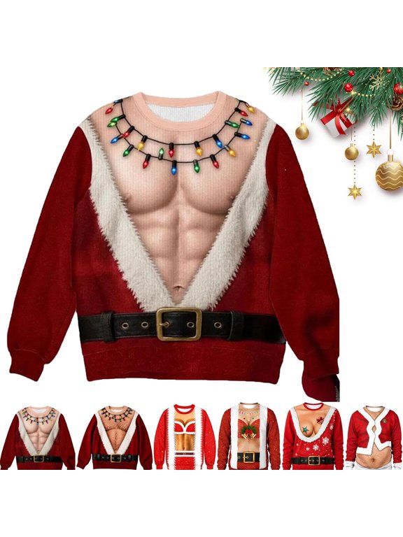 Funny Ugly Christmas Sweatshirt 3D Printed Chest Graphic Novelty Holiday Pullover for Personalized Birthday Gifts