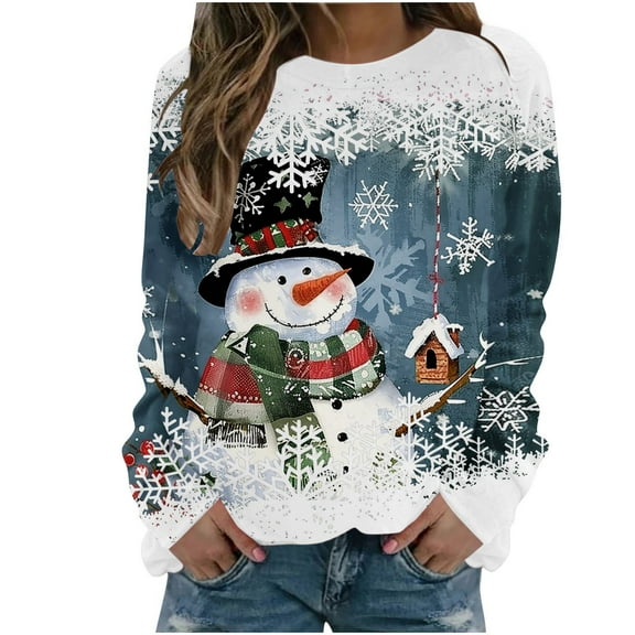 Funny Ugly Christmas Sweatshirt for Women Long Sleeve Pullover with Snowman Reindeer or Xmas Tree Print Lightweight Crewneck Holiday Party Top Festive Casual Wear