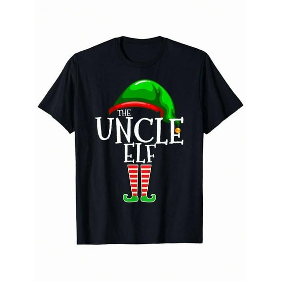Funny Uncle Elf Christmas Graphic T Shirt Black Cotton Short Sleeve Crewneck Tee For Holiday Parties Comfortable Fit Multiple Sizes Available