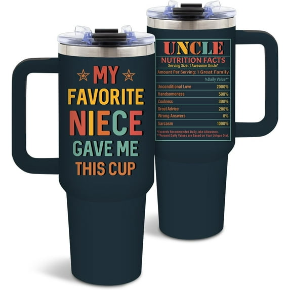 Funny Uncle Tumbler 40oz - Birthday Christmas Gift for Men - Stainless Steel Cup with Handle & Straw - Cool Gift from Niece Nephew
