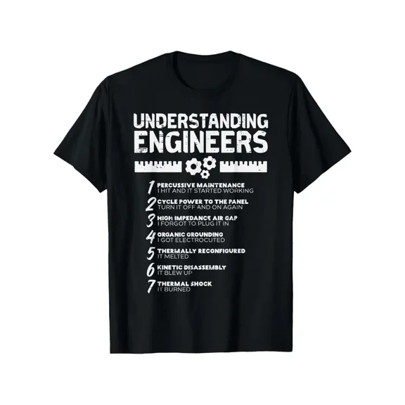 Funny Understanding Engineers Graphic T-Shirt with 7 Humorous Engineer Traits - Tech Developer Coder Gift for Men & Women, Casual Short Sleeve Round Neck Unisex Tee for All