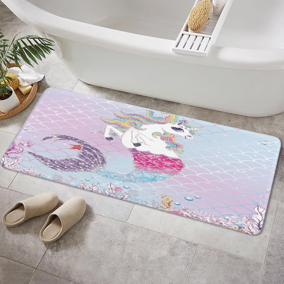 Funny Unicorn Bath Mat Rug for Kids, Mermaid Gradient Pink Little Girl Non Slip Bathroom Mats Rugs, Durable Soft Flannel 3D Print Rug Kitchen Bedroom Indoor 17X48in