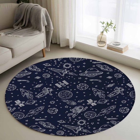 Funny Universe 3FT Round Area Rugs Cartoon Rocket Astronauts Graffiti Spaceship Planets Soft Small Round Rug Non-Slip, Ultra-Thin Indoor Circle Carpet for Bedroom Entryway Kitchen Bathroom