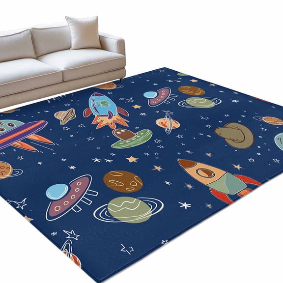 Funny Universe 3x5ft Non Slip Area Rug Cartoon Rocket Graffiti Spaceship Planet Blue Washable&nbsp;Soft Area Rugs for Living Room, Indoor&nbsp;Circle Carpet for Bedroom Dining Room Kitchen