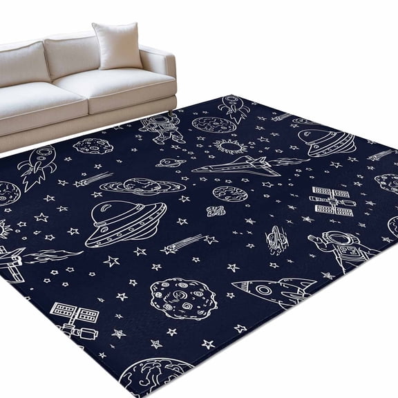 Funny Universe 6x9ft Non Slip Area Rug Cartoon Rocket Astronauts Graffiti Spaceship Planets Washable&nbsp;Soft Area Rugs for Living Room, Indoor&nbsp;Circle Carpet for Bedroom Dining Room Kitchen