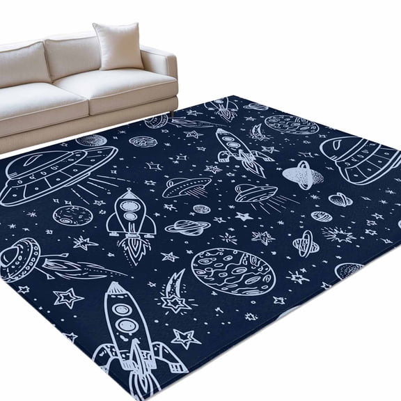 Funny Universe 6x9ft Non Slip Area Rug Cartoon Rocket Graffiti Alien Spaceship Planet Washable&nbsp;Soft Area Rugs for Living Room, Indoor&nbsp;Circle Carpet for Bedroom Dining Room Kitchen