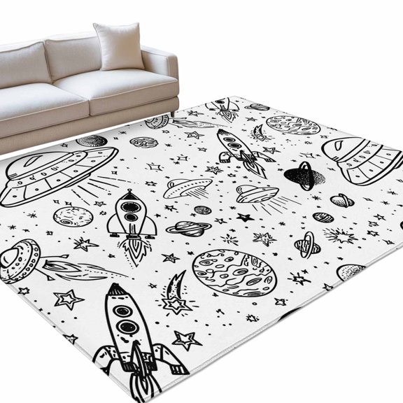 Funny Universe 6x9ft Non Slip Area Rug Cartoon Rocket Graffiti Alien Spaceship Planets Washable&nbsp;Soft Area Rugs for Living Room, Indoor&nbsp;Circle Carpet for Bedroom Dining Room Kitchen