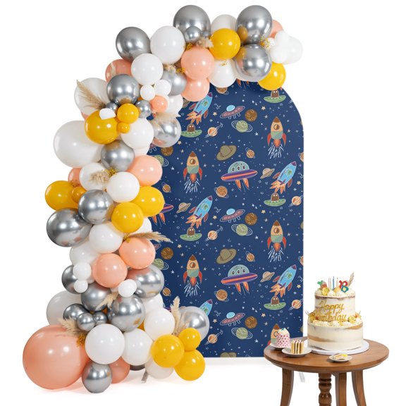 Funny Universe Arch Backdrop Cover 6.6FT Cartoon Rocket Graffiti Spaceship Planet Blue Spandex Fitted Arch Covers Stretchy Backdrop Decoration for Wedding Birthday Graduation Party