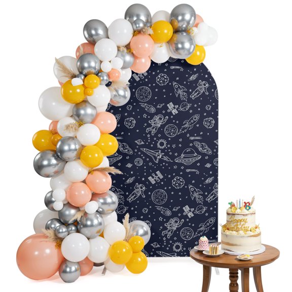 Funny Universe Arch Backdrop Cover 7.2FT Cartoon Rocket Astronauts Graffiti Spaceship Planets Spandex Fitted Arch Covers Stretchy Backdrop Decoration for Wedding Birthday Graduation Party