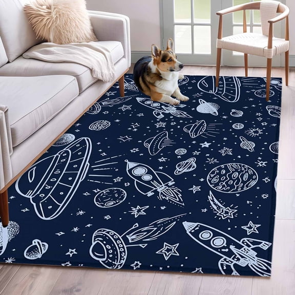 Funny Universe Area Rugs 4x6 ft Cartoon Rocket Graffiti Alien Spaceship Planet Washable Rug Non Slip Indoor Carpet Absorbent Floor Mat for Living Room Bedroom Dining Room