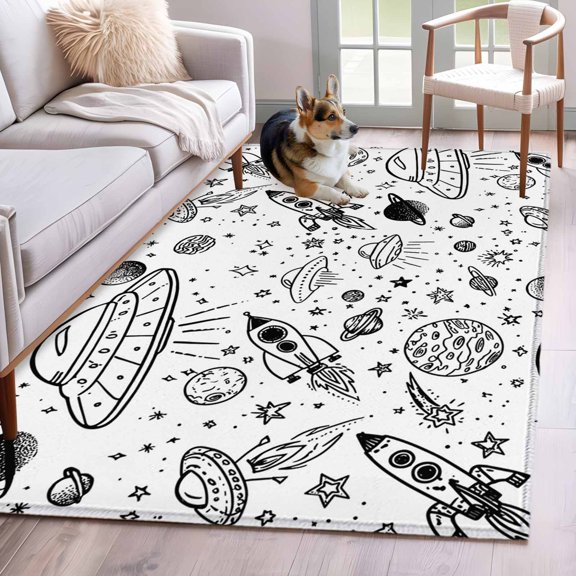 Funny Universe Area Rugs 4x6 ft Cartoon Rocket Graffiti Alien Spaceship Planets Washable Rug Non Slip Indoor Carpet Absorbent Floor Mat for Living Room Bedroom Dining Room