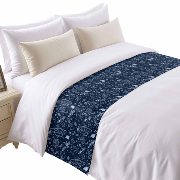 Funny Universe Bed Runner for Queen Size Bed, Cartoon Rocket Graffiti Alien Spaceship Planet Soft Bedding Scarf Bedding Protector Slipcover Sofa Throw for Bedroom Hotel Guesthouse