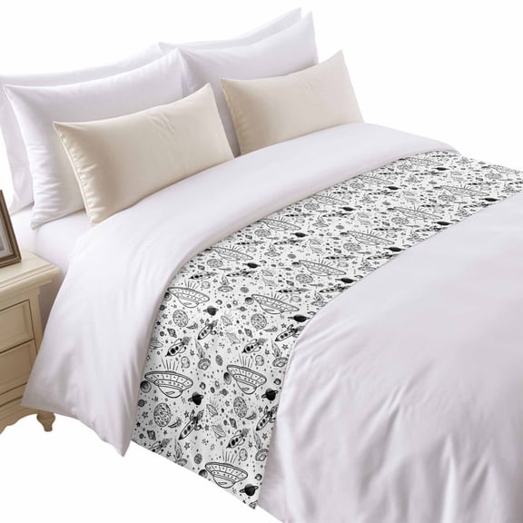 Funny Universe Bed Runner for Queen Size Bed, Cartoon Rocket Graffiti Alien Spaceship Planets Soft Bedding Scarf Bedding Protector Slipcover Sofa Throw for Bedroom Hotel Guesthouse