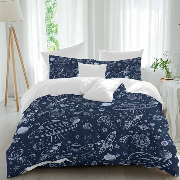 Funny Universe Comforter Set Full Size, Cartoon Rocket Graffiti Alien Spaceship Planet Soft Bedding Set for Man Woman, 4 Pieces Duvet Cover Set with Fitted Sheet, 2 Pillowcases