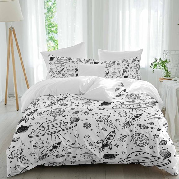 Funny Universe Comforter Set Queen Size, Cartoon Rocket Graffiti Alien Spaceship Planets Soft Bedding Set for Man Woman, 4 Pieces Duvet Cover Set with Fitted Sheet, 2 Pillowcases