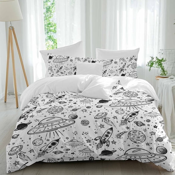 Funny Universe Comforter Set Twin Size, Cartoon Rocket Graffiti Alien Spaceship Planets Soft Bedding Set for Man Woman, 4 Pieces Duvet Cover Set with Fitted Sheet, 2 Pillowcases