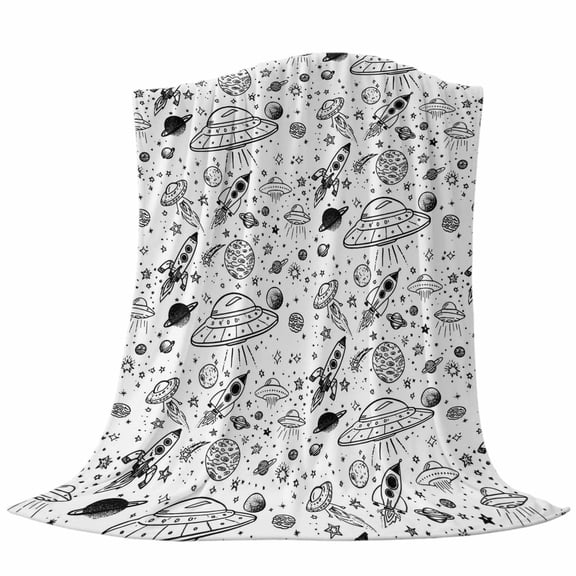 Funny Universe Fleece Throw Blanket Cartoon Rocket Graffiti Alien Spaceship Planets Ultra Soft Fuzzy Cozy Flannel Throw Blanket for Couch Sofa Bed Car Travel, Ideal Gifts 40x50 Inches