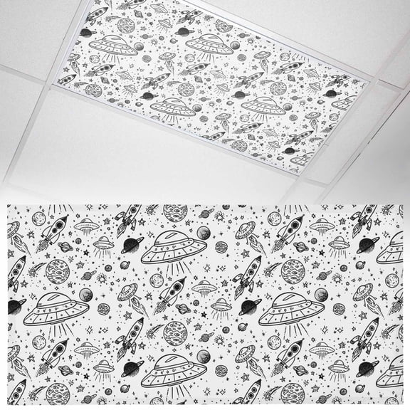 Funny Universe Fluorescent Light Covers Cartoon Rocket Graffiti Alien Spaceship Planets Magnetic Light Filters Ceiling Lighting Panel Shade for Classroom Office Home 2 x 4 ft, 1 Pack