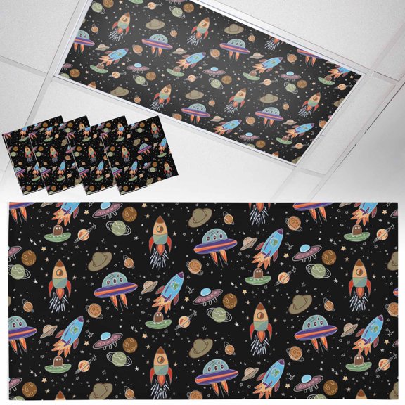 Funny Universe Fluorescent Light Covers Cartoon Rocket Graffiti Spaceship Planet Black Magnetic Light Filters Ceiling Lighting Panel Shade for Classroom Office Home 2 x 4 ft, 4 Pack