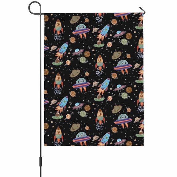 Funny Universe Garden Flag 12 x 18 Inches, Cartoon Rocket Graffiti Spaceship Planet Black Weather Proof Outdoor Patio Flags Double Sided Small Garden Decoration for Yard Outside Home