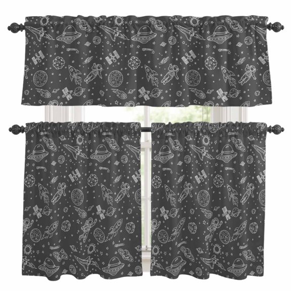 Funny Universe Kitchen Curtains Set for Windows, Cartoon Rocket Astronauts Graffiti Spaceship Planet Curtains Valance and Tier 3 Piece Set Small Drapes 36 Inch Length for Kitchen Bedroom Decor