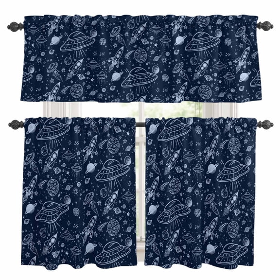 Funny Universe Kitchen Curtains Set for Windows, Cartoon Rocket Graffiti Alien Spaceship Planet Curtains Valance and Tier 3 Piece Set Small Drapes 36 Inch Length for Kitchen Bedroom Decor