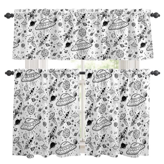 Funny Universe Kitchen Curtains Set for Windows, Cartoon Rocket Graffiti Alien Spaceship Planets Curtains Valance and Tier 3 Piece Set Small Drapes 36 Inch Length for Kitchen Bedroom Decor
