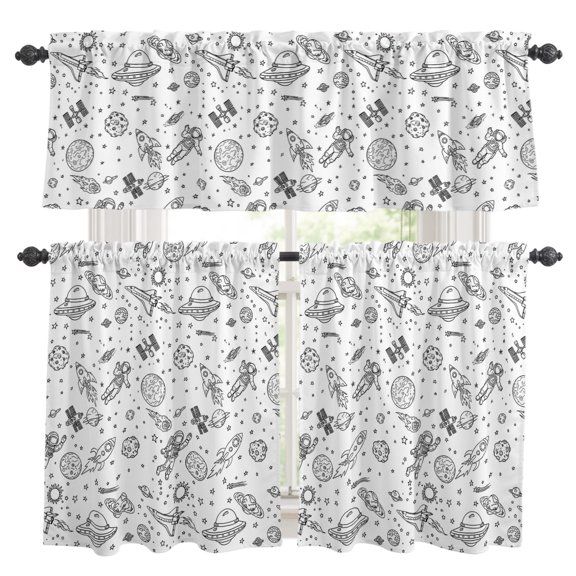 Funny Universe Kitchen Curtains Set for Windows, Cartoon Rockets Astronauts Graffiti Spaceship Planet Curtains Valance and Tier 3 Piece Set Small Drapes 24 Inch Length for Kitchen Bedroom Decor