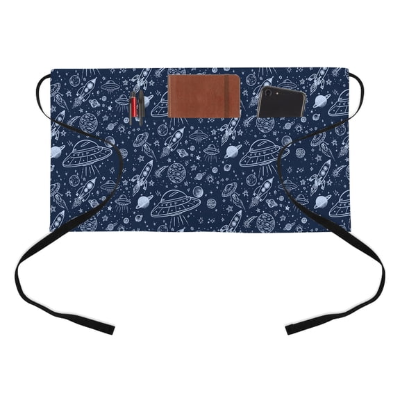 Funny Universe Kitchen Restaurant Half Waist Apron, Cartoon Rocket Graffiti Alien Spaceship Planet Server Short Apron with 3 Pockets Waterproof Oil Waist Aprons for Women Waitress Waiter