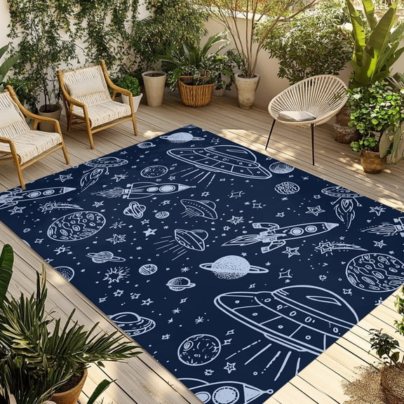 Funny Universe Outdoor Rug 5x7 ft Cartoon Rocket Graffiti Alien Spaceship Planet Non Slip Patio Rug Washable Absorbent Large Outdoor Carpet Outside Mat for Porch RV Garden Camping