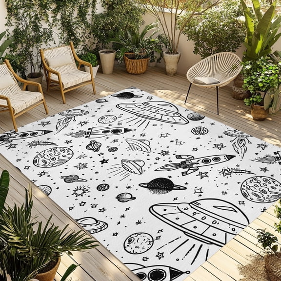 Funny Universe Outdoor Rug 5x8 ft Cartoon Rocket Graffiti Alien Spaceship Planets Non Slip Patio Rug Washable Absorbent Large Outdoor Carpet Outside Mat for Porch RV Garden Camping