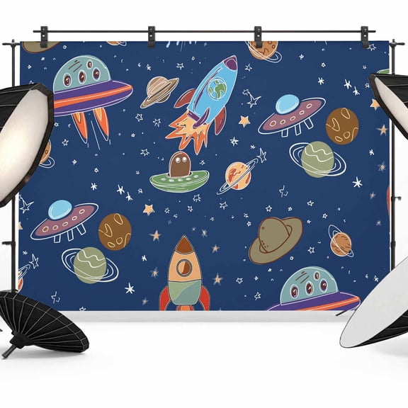 Funny Universe Photography Backdrop 10x8FT, Cartoon Rocket Graffiti Spaceship Planet Blue Photo Backdrops, Background for Photography Studio Photo Studio Background, Back Drop for Photoshoot