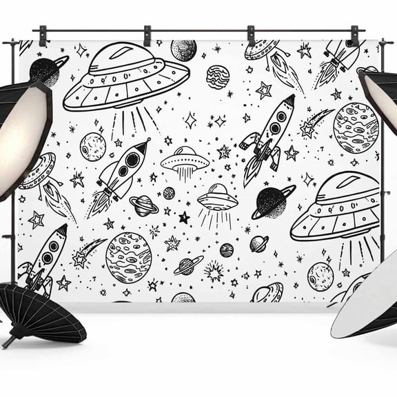 Funny Universe Photography Backdrop 7x5FT, Cartoon Rocket Graffiti Alien Spaceship Planets Photo Backdrops, Background for Photography Studio Photo Studio Background, Back Drop for Photoshoot
