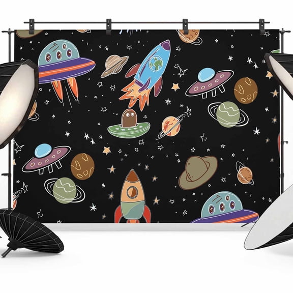 Funny Universe Photography Backdrop 7x5FT, Cartoon Rocket Graffiti Spaceship Planet Black Photo Backdrops, Background for Photography Studio Photo Studio Background, Back Drop for Photoshoot