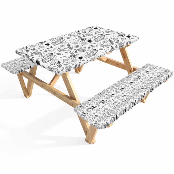 Funny Universe Picnic Table Cover with Bench Covers Cartoon Rocket Graffiti Alien Spaceship Planets Waterproof Fitted Picnic Tablecloth 3 Pieces Set Table Cloth for Outdoor Camping Garden BBQ