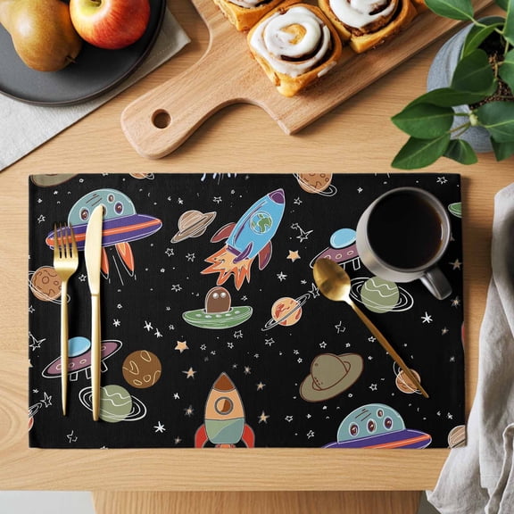 Funny Universe Placemats Set of 1, Cartoon Rocket Graffiti Spaceship Planet Black Heat Insulated Linen Place Mats, Washable Stain-Proof Table Mats for Dining Tables Holiday Decor 13x19 Inches