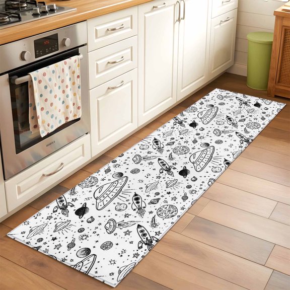 Funny Universe Runner Rugs 2x6 ft Cartoon Rocket Graffiti Alien Spaceship Planets Washable Hallway Rugs Non-Slip Floor Mats Absorbent Carpet Bedside Runners for Bedroom Kitchen Bathroom Laundry Room