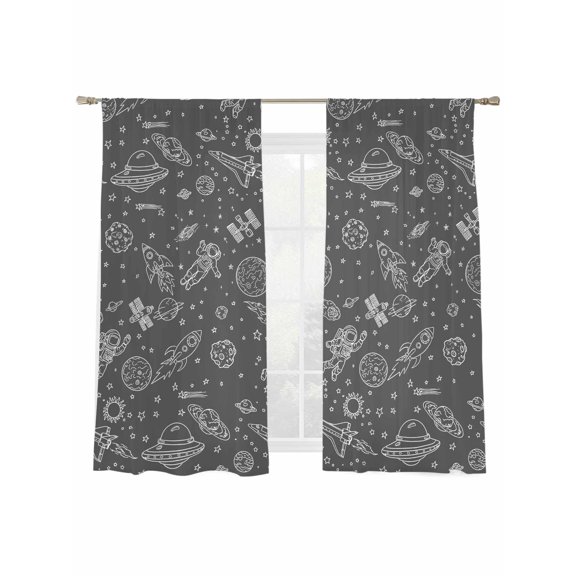 Funny Universe Sheer Curtains 2 Panels Set Cartoon Rocket Astronauts Graffiti Spaceship Planet Sheer Window Curtains Light Filtering Rod Pocket Voile Drapes for Bedroom Living Room 52"X72"