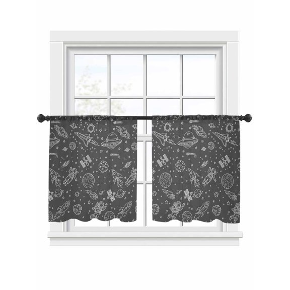 Funny Universe Sheer Curtains 2 Panels Set Cartoon Rocket Astronauts Graffiti Spaceship Planet Sheer Window Curtains Light Filtering Rod Pocket Voile Drapes for Bedroom Living Room 52"x45"