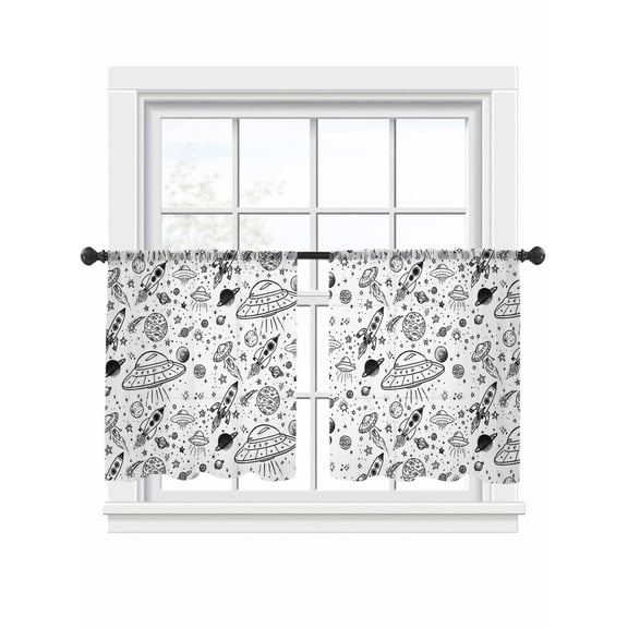 Funny Universe Sheer Curtains 2 Panels Set Cartoon Rocket Graffiti Alien Spaceship Planets Sheer Window Curtains Light Filtering Rod Pocket Voile Drapes for Bedroom Living Room 52"x45"