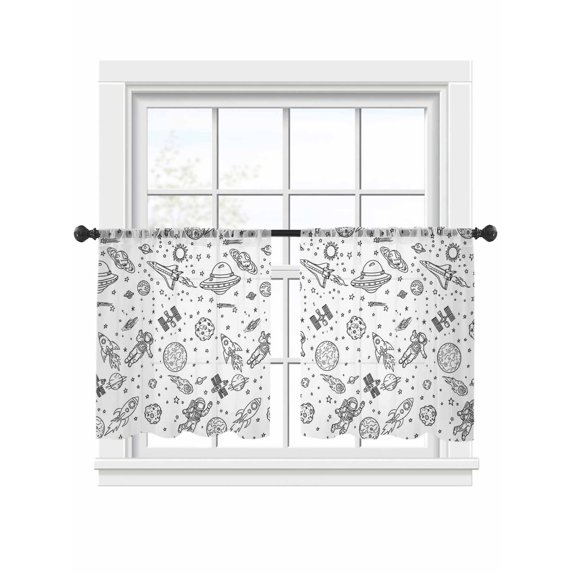 Funny Universe Sheer Curtains 2 Panels Set Cartoon Rockets Astronauts Graffiti Spaceship Planet Sheer Window Curtains Light Filtering Rod Pocket Voile Drapes for Bedroom Living Room 52"x45"