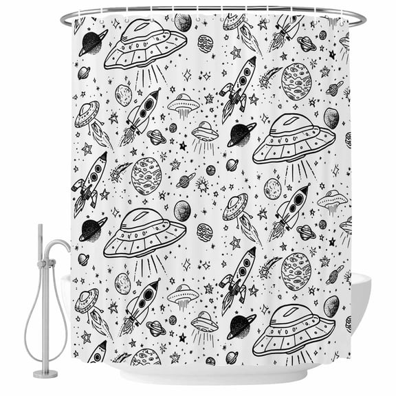 Funny Universe Shower Curtain for Bathroom, Cartoon Rocket Graffiti Alien Spaceship Planets Waterproof Cloth Fabric Bathroom Accessories Set with 9 Rust Proof Plastic Hooks, 36"x72"